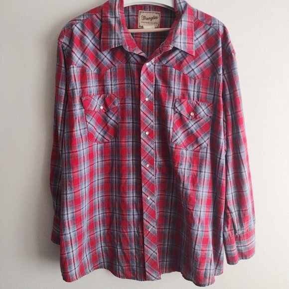Wrangler Vintage Mens Western Shirt XXL Pearl Snap Red Blue Check Cowboy - Picture 9 of 9